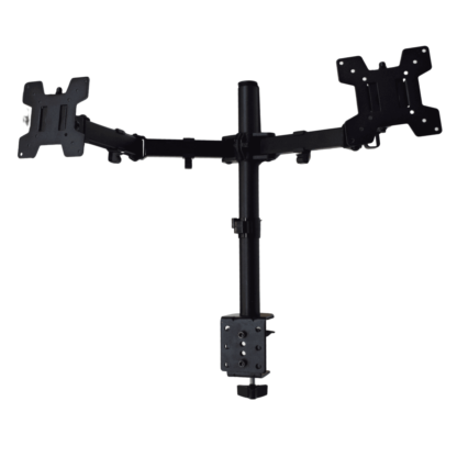 Soporte Monitor Doble de Brazo Movible de 10¨ a 27¨ VESA 50x50 75x75 100x100 hasta 10kg. Color Negro Kit de Instalación y Nivelación - Global Electronics (Caja x 4)